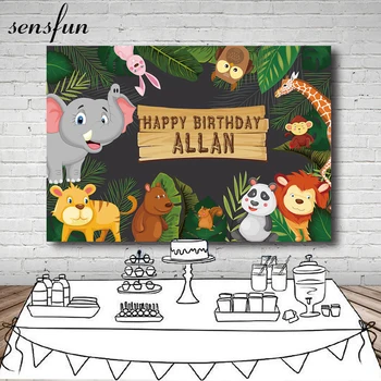 Лесное сафари Фоны для вечеринки в джунглях для мальчиков День рождения Мультфильм Животные Слон Лев Медведь Дети День рождения Фон