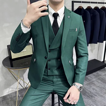 Высококачественный свадебный костюм Мужская новая корейская версия Тонкий костюм Три части Сплошной цвет темперамент Стиль Зеленый костюм Мужчина