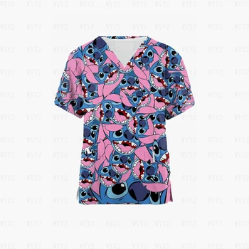 Disney Stitch Scrub Униформа Женская рубашка с принтом и коротким рукавом V-образным вырезом Рабочая медсестра Униформа Карманный медицинский комбинезон с принтом