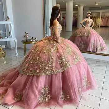 Розовые платья Quinceanera для милой девочки Бисероплетение Пайетки Аппликации с плечом Бальные платья принцессы Vestidos De 15 Años
